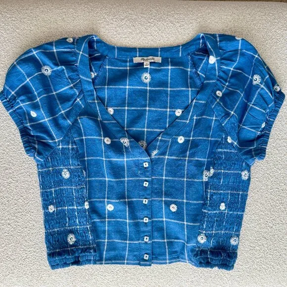 Madewell Blue Embroidered Puff-Sleeve Crop Top size 2 - Picture 3 of 7
